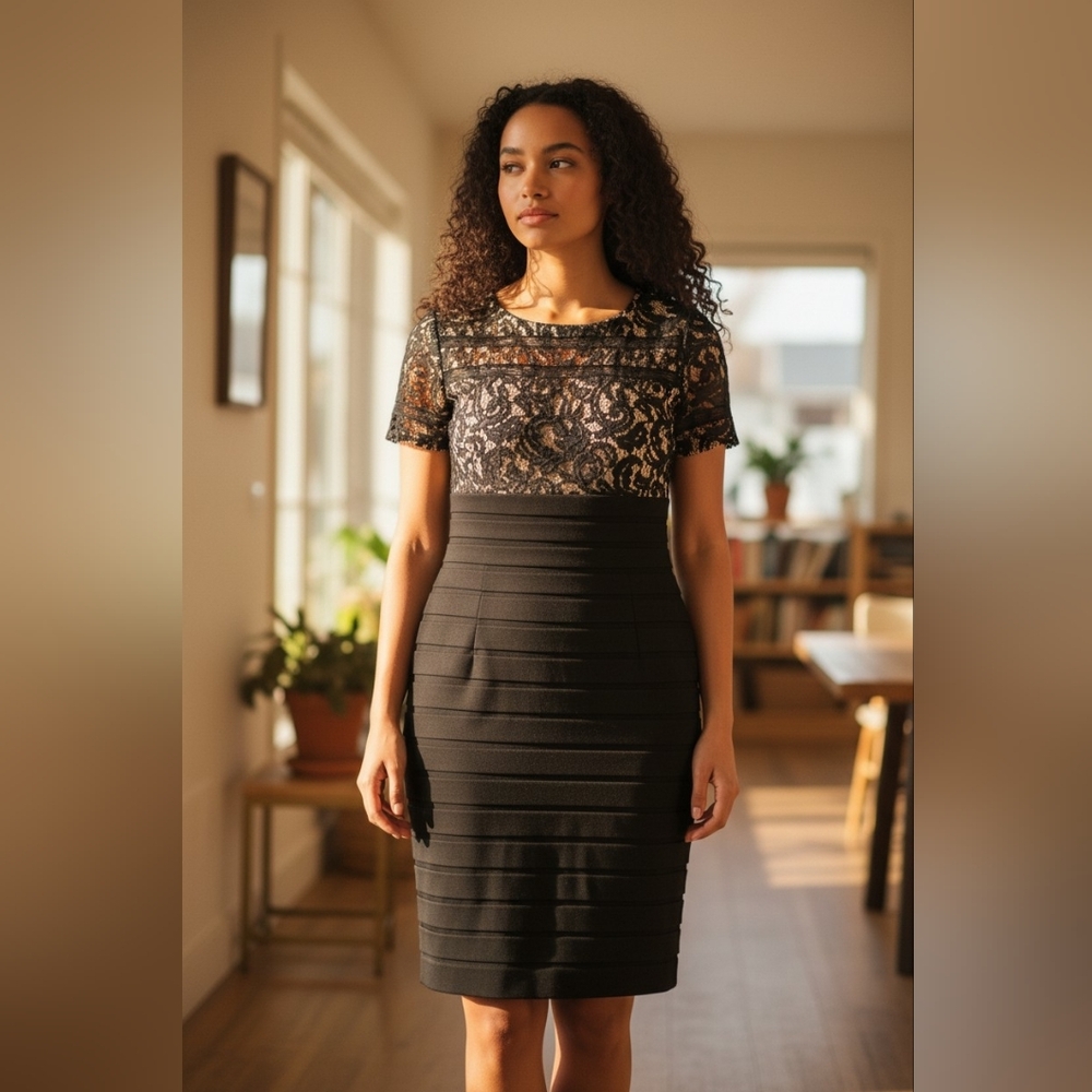 Adrianna Papell Black Lace Pencil Dress